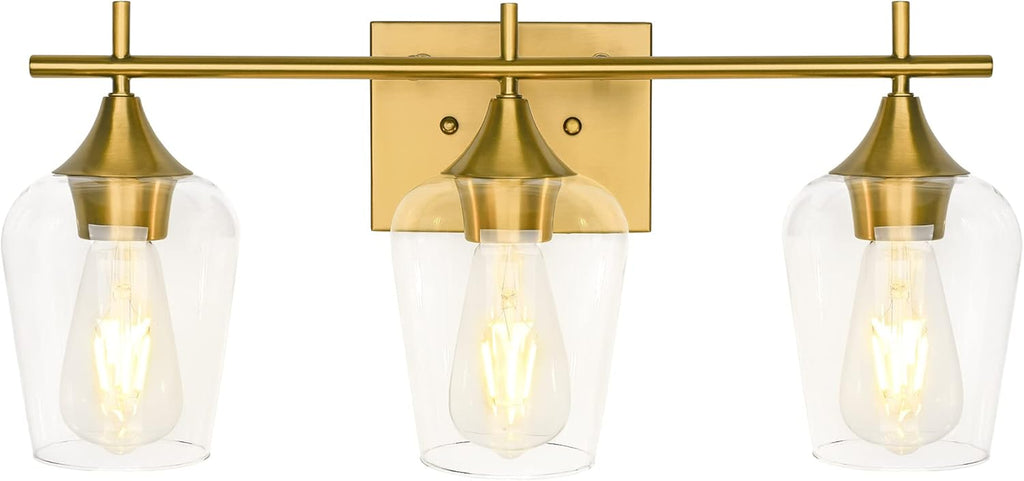 3-Light Gold Bathroom Light Fixtures, Brushed Brass Vanity Lights for Bathroom with Clear Glass Shade over Mirror for Bedroom Hallway Living Room