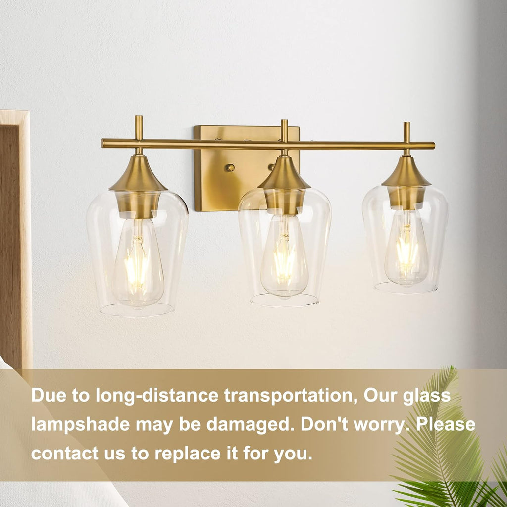 3-Light Gold Bathroom Light Fixtures, Brushed Brass Vanity Lights for Bathroom with Clear Glass Shade over Mirror for Bedroom Hallway Living Room