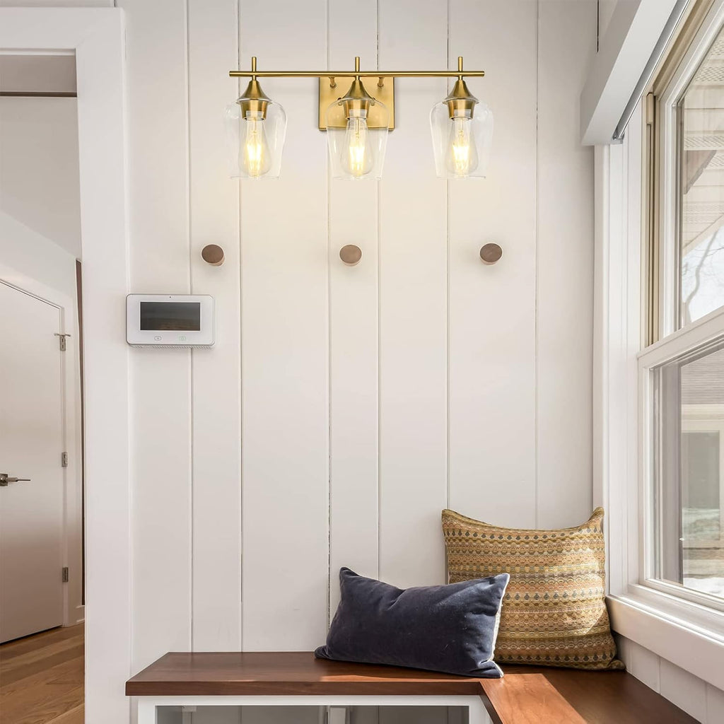 3-Light Gold Bathroom Light Fixtures, Brushed Brass Vanity Lights for Bathroom with Clear Glass Shade over Mirror for Bedroom Hallway Living Room